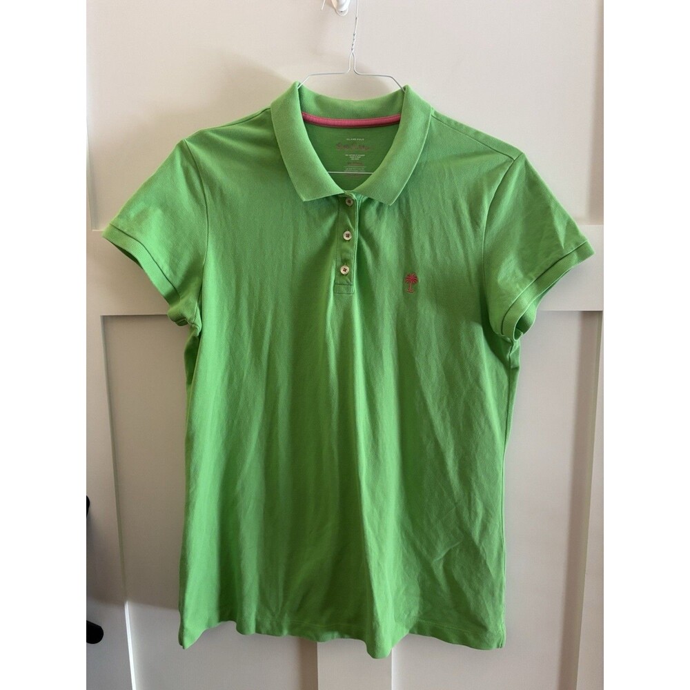 Lilly Pulitzer Island Polo Shirt Womens XL Green Pink Palm Tree Preppy Golf